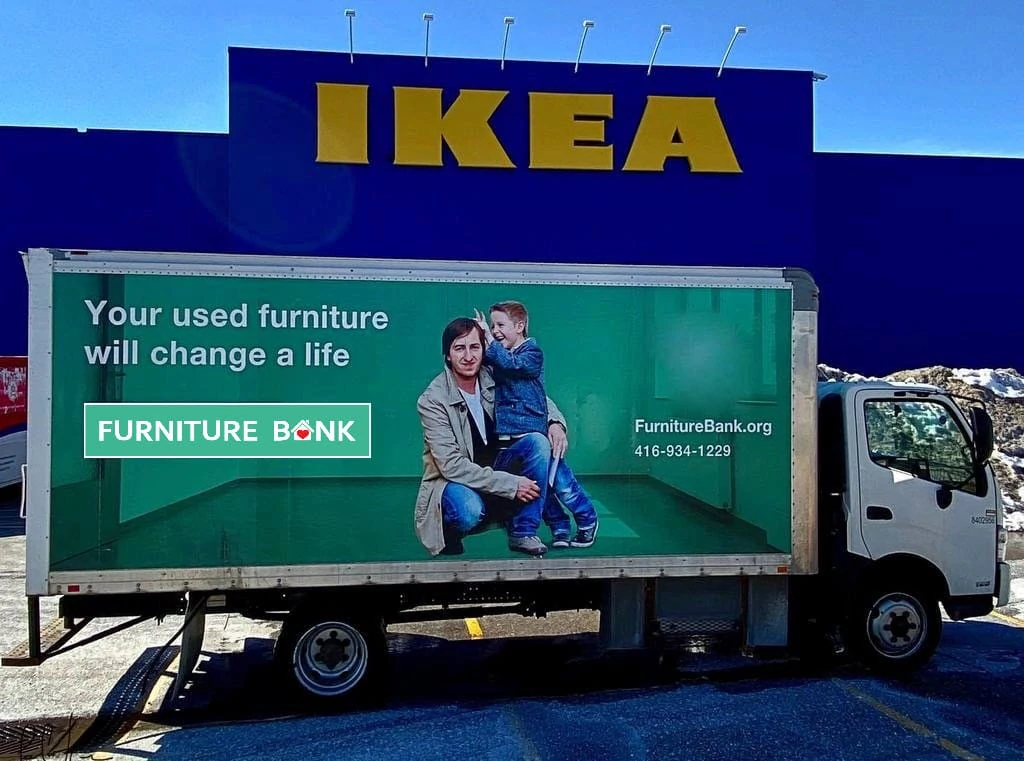 IKEA mattress take-back service pallets at a furniture bank warehouse