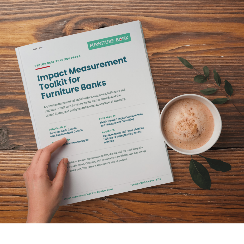 Printed copy of the Impact Measurement Toolkit for Furniture Banks on a wooden table
